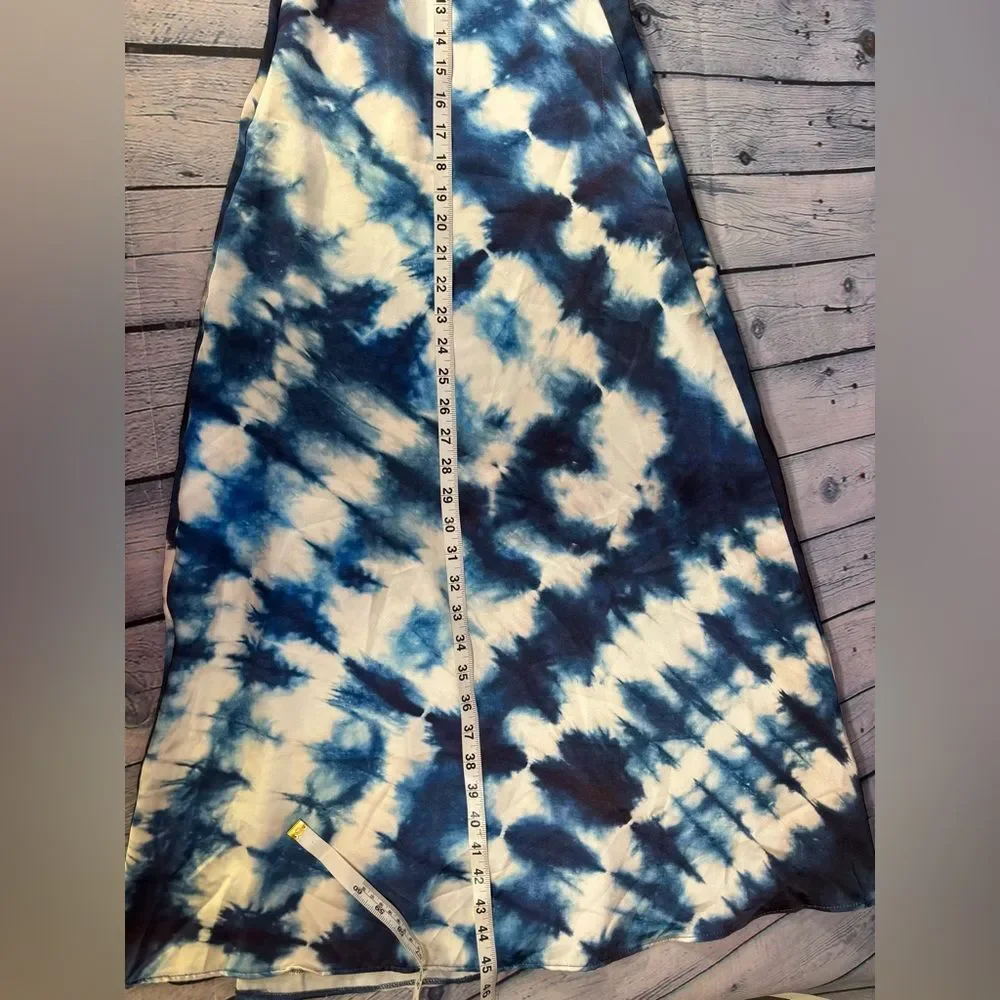 Zara Blue White Strappy V Neck Tie-Dye Satin Effect Boho Beachy Midi Dress M/L